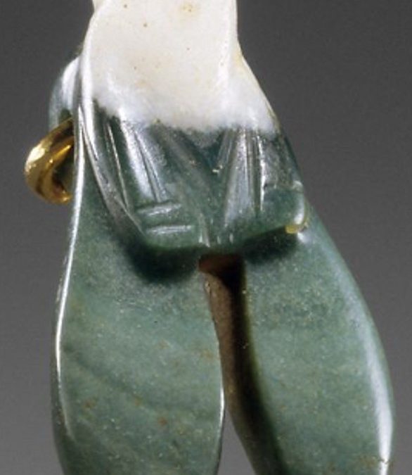 Green and white banded jasper human-headed mosquito deity