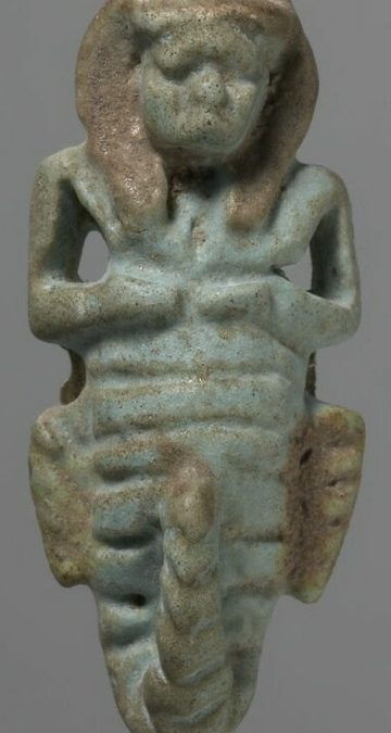 Blue glazed human-headed Serket scorpion pendant, front