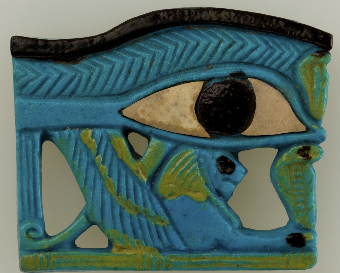 Blue/green/black glaze with encrusted aragonite eye composite Wedjat eyes Blue/green/black glaze with encrusted aragonite eye composite Wedjat eyes