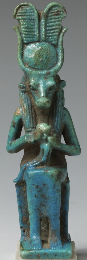 Cow-headed Hathor suckling Horus - Blue/green glazed cow-headed Hathor (named on back pillar) crowned Cow-headed Hathor suckling Horus - Blue/green glazed cow-headed Hathor (named on back pillar) crowned