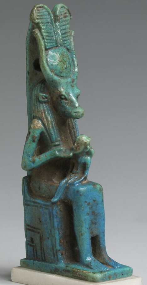 Cow-headed Hathor suckling Horus - Blue/green glazed cow-headed Hathor (named on back pillar) crowned Cow-headed Hathor suckling Horus - Blue/green glazed cow-headed Hathor (named on back pillar) crowned