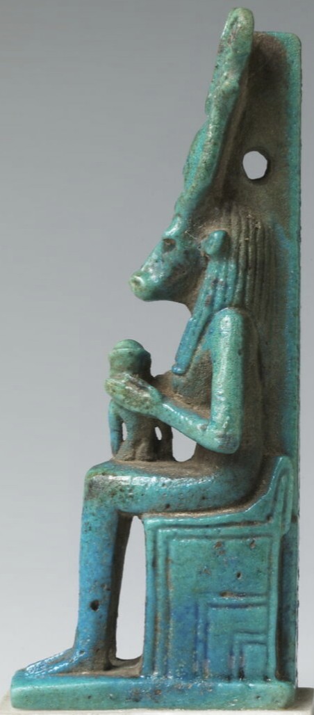Cow-headed Hathor suckling Horus - Blue/green glazed cow-headed Hathor (named on back pillar) crowned Cow-headed Hathor suckling Horus - Blue/green glazed cow-headed Hathor (named on back pillar) crowned