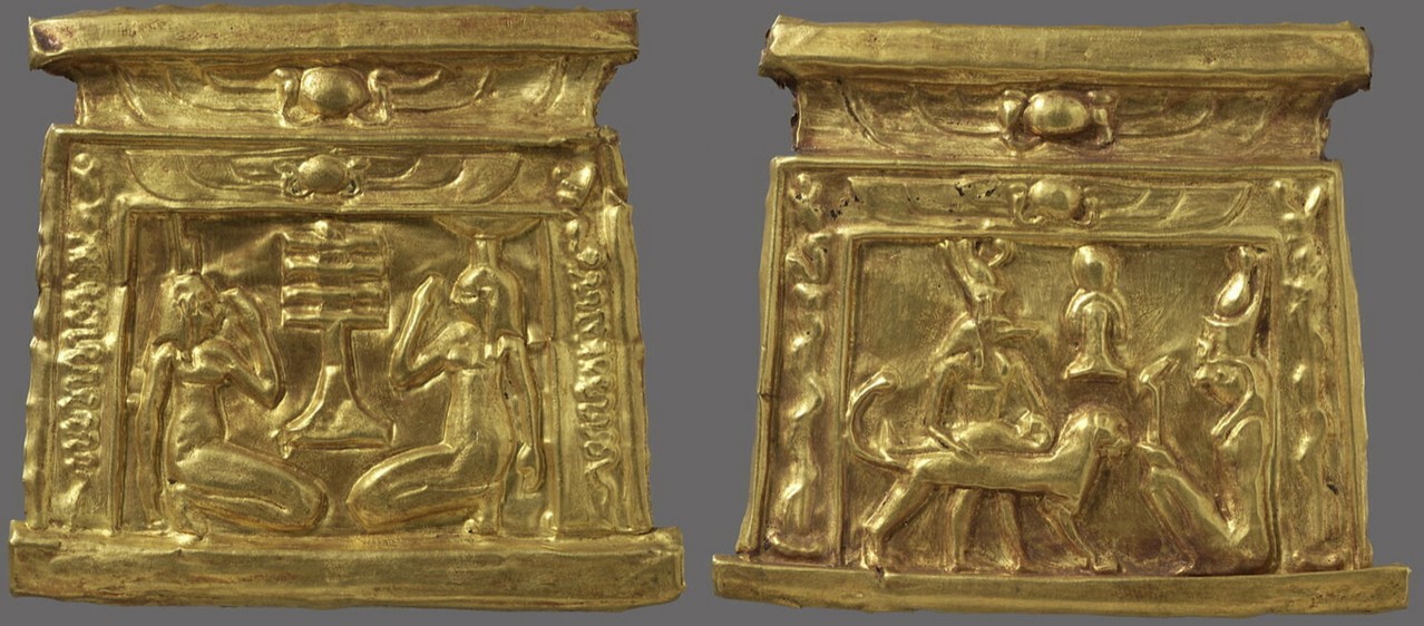 Gold pectoral with mourning Isis and Nephthys and Horus and Anubis on the back Gold pectoral with mourning Isis and Nephthys and Horus and Anubis on the back