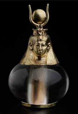 Hollow case rock crystal topped by a gold head of Hathor goddess