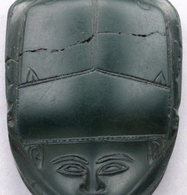 Human-headed green jasper heart scarab, front