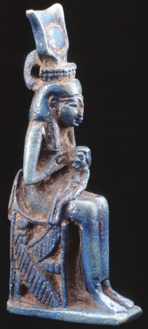 Isis-Hathor suckling Horus - Blue glaze H 8.6, W 2.3, D 4.0 Isis-Hathor suckling Horus - Blue glaze H 8.6, W 2.3, D 4.0