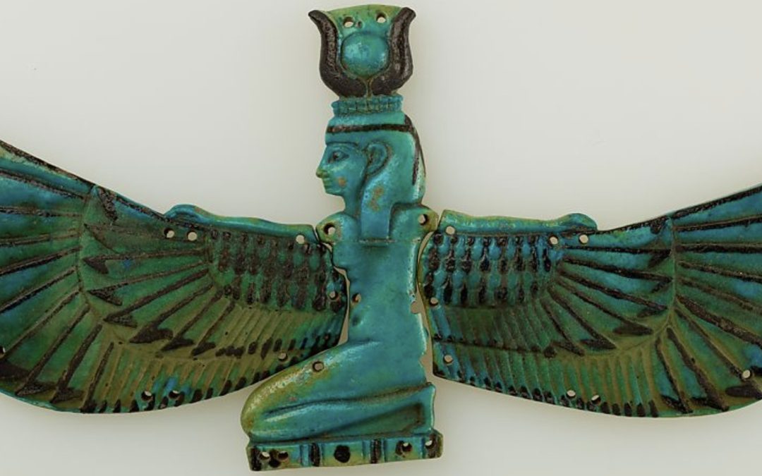 Kneeling winged Isis-Hathor variant - Blue and black glazed winged Isis-Hathor W 23.6, H 11.5 Late New Kingdom