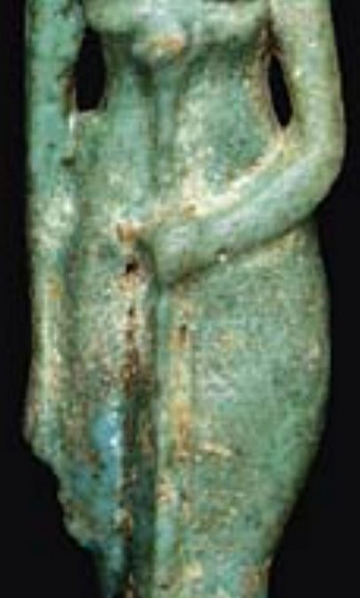 Lioness-headed goddess with a cat - Blue/green glaze partly broken