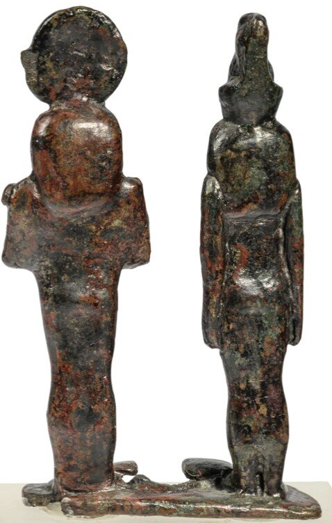 Copper alloy dyad of Mut and Khonsu, back Copper alloy dyad of Mut and Khonsu, back