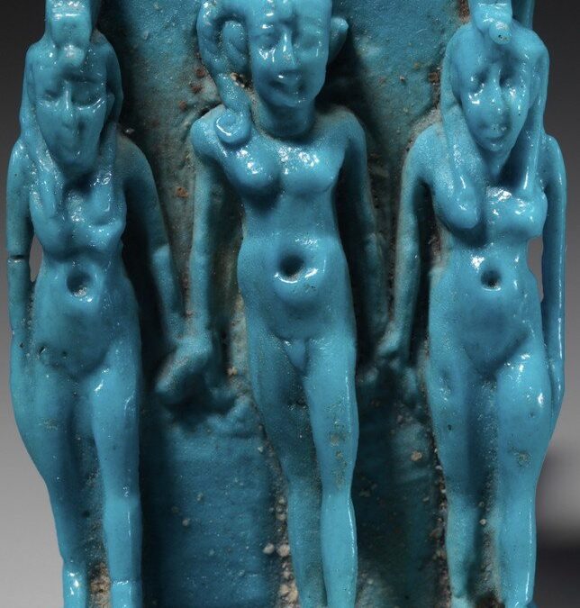 Blue glaze Osirian triad of Isis, Horus and Nephthys