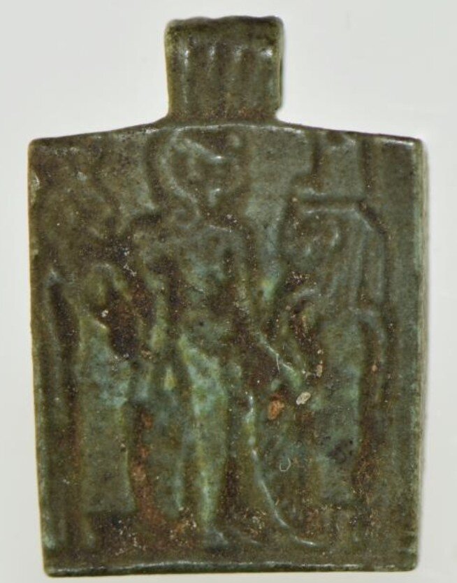 Green glaze flat back Osirian triad variant Green glaze flat back Osirian triad variant