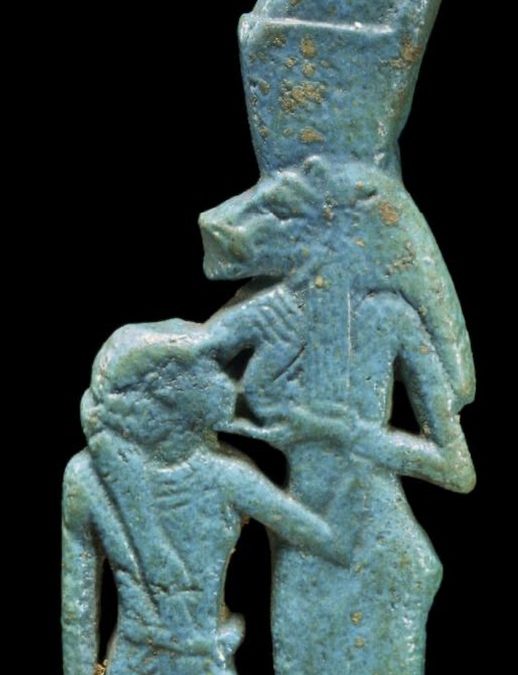 Sekhmet-Mut suckling an infant king - Blue glaze flat back