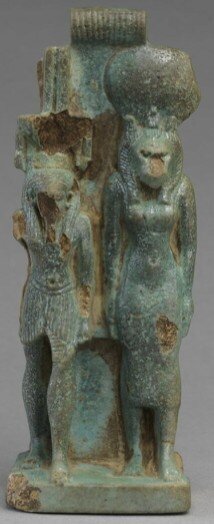 Green glaze dyad of Sekhmet and Nefertem with suspension loop