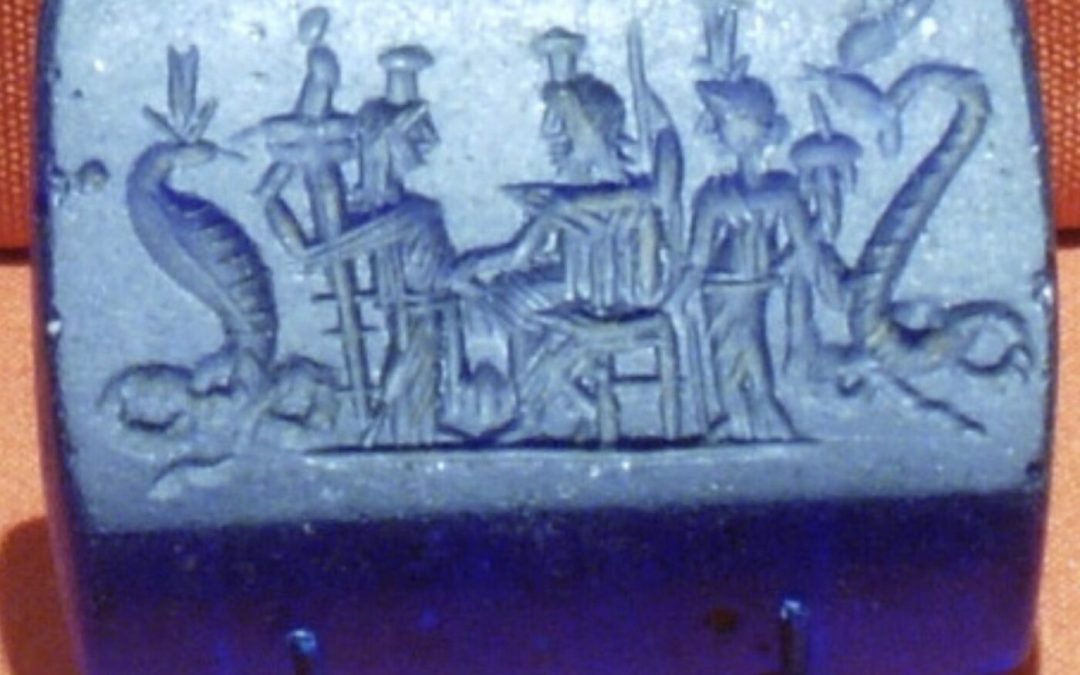 Blue glass plaque of Thermouthis, Demeter, Serapis, Isis and Agathodaimon